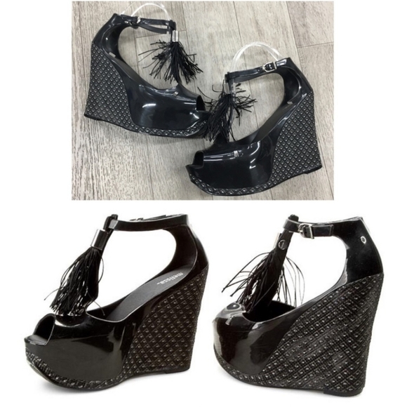 Melissa Peace Peep Toe Platform Wedge Black Patent Sandal New - Picture 5 of 5